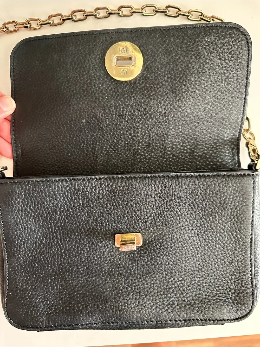 Tory Burch Black Leather Wallet on Chain with Gold Strap
